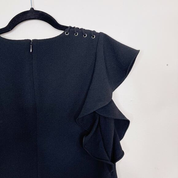 Laundry by Shelli Segal 8 Black Lace Shoulder Dress Crepe Shift Ruffle Sleeves - Picture 4 of 8